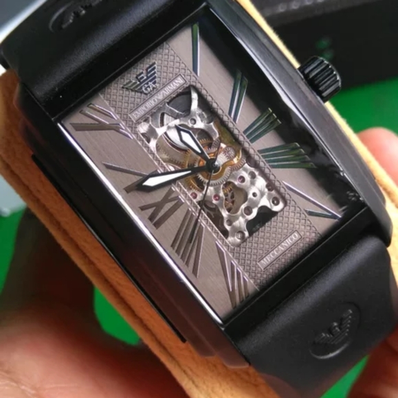 Hugo Boss Other - Emporio Armani Meccanico Black Rectangular Dial Silicone Strap Automatic Watch